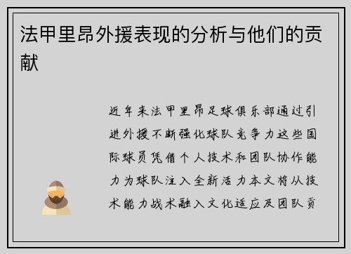 法甲里昂外援表现的分析与他们的贡献