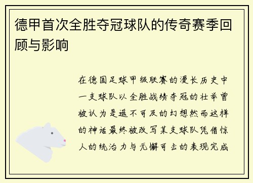 德甲首次全胜夺冠球队的传奇赛季回顾与影响